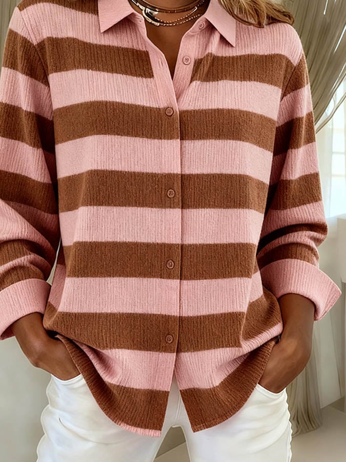Winter Damen Streifenhemd rosa braun warm und cosy