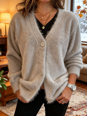 Kuscheliger Damen Winter Cardigan Grau V-Ausschnitt Oversize