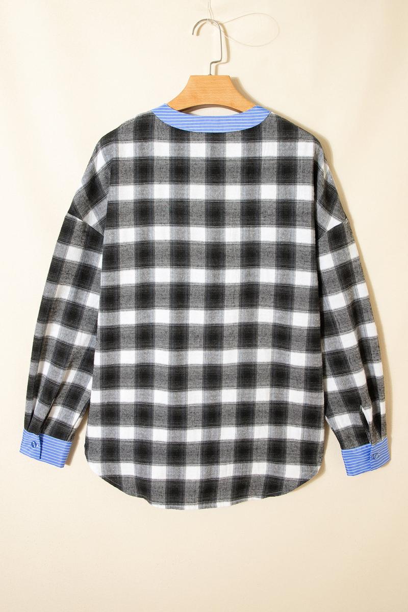 Winter Longsleeve Karo Shirt Schwarz Weiß mit blauem Akzent