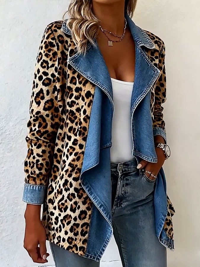 Winter Leopard Print Jacket – warme Denim Damenjacke