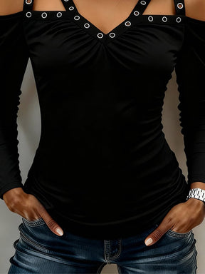Schwarzes Winter Longsleeve V-Neck Top mit Metallschnallen
