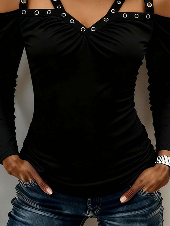 Schwarzes Winter Longsleeve V-Neck Top mit Metallschnallen