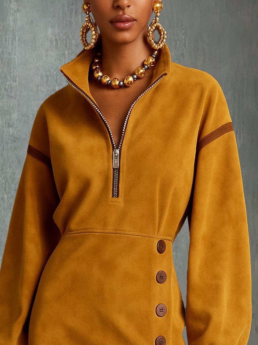 Bold Mustard Suede Mini Dress With Half-Zip Front And Asymmetrical Button Detail