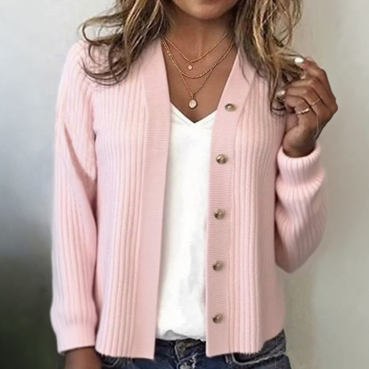 Stilvoller Sweet Pink V-Neck Long Sleeve Cardigan - Perfekt für den Herbst
