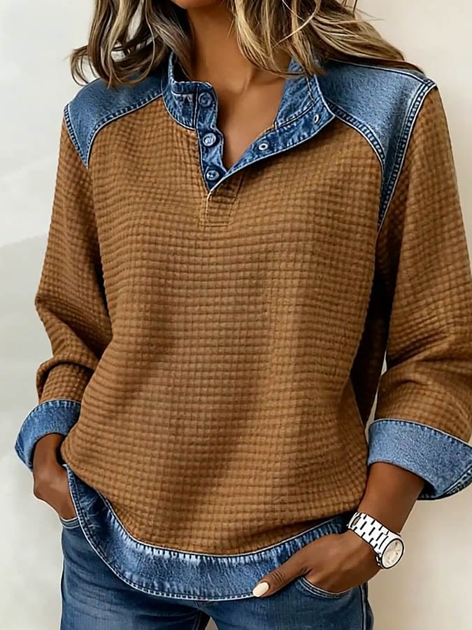 Winter Damen Sweatshirt warm casual mit Denim Patchwork