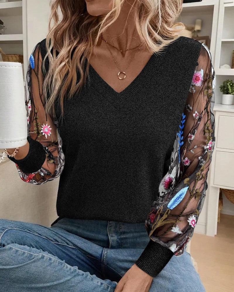 Chic Floral Print Langarm-Top mit V-Ausschnitt - Perfekte Passform trifft auf Komfort