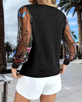 Chic Floral Print Langarm-Top mit V-Ausschnitt - Perfekte Passform trifft auf Komfort