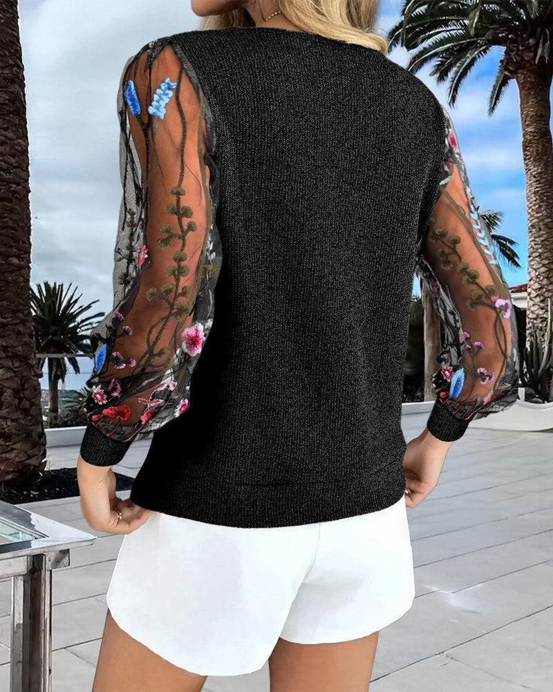 Chic Floral Print Langarm-Top mit V-Ausschnitt - Perfekte Passform trifft auf Komfort