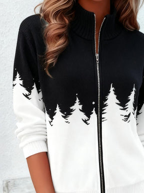 Winterliche Zip-Up Jacke mit schwarz-weißem Tannendruck - Stilvoll & Bequem