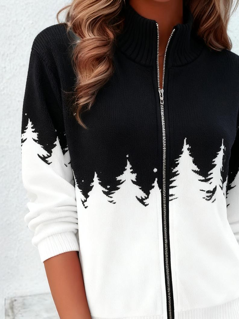 Winterliche Zip-Up Jacke mit schwarz-weißem Tannendruck - Stilvoll & Bequem