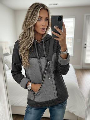 Kuscheliger Damen Hoodie Winter Schwarz Grau mit Kapuze
