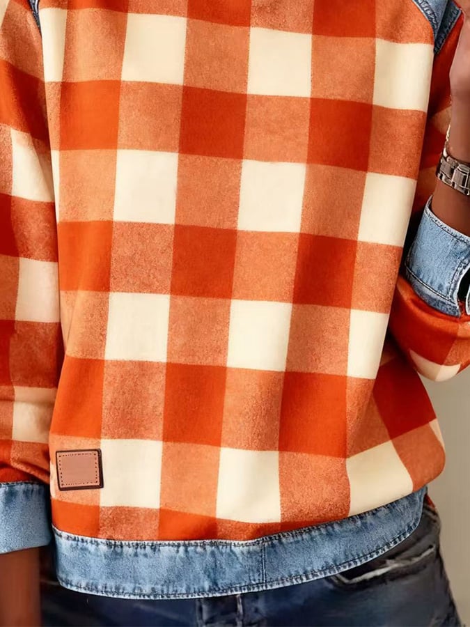 Kariertes Winter Sweatshirt Orange-Creme mit Denim-Details