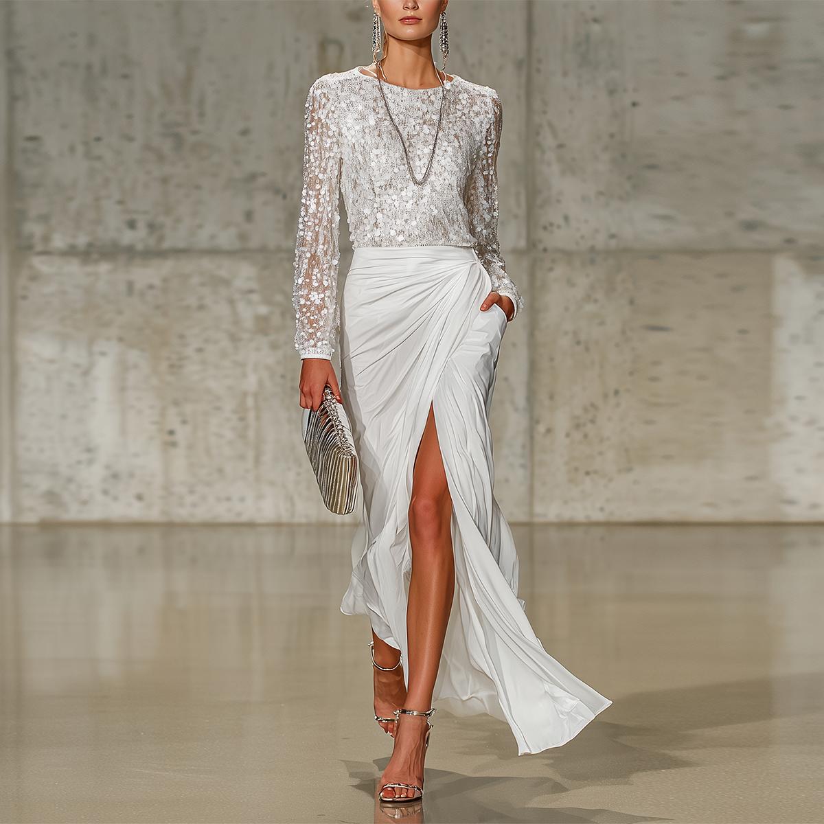 Winter Glamour: Silver Sequins Maxi Kleid mit High Slit und Rundhals