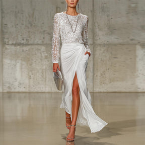 Winter Glamour: Silver Sequins Maxi Kleid mit High Slit und Rundhals