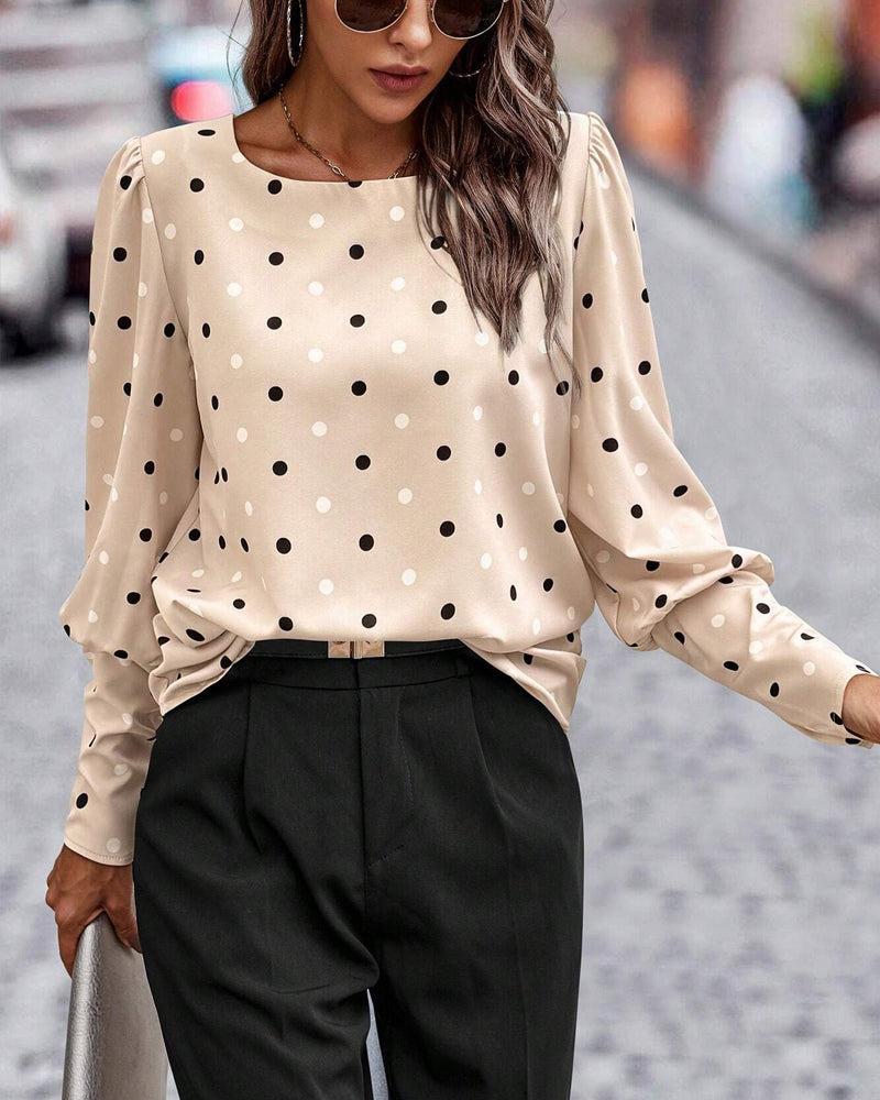Classy Round Neck Polka Dot Top - Elastisch, Eleganter Herbstslook