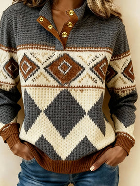 Warmer Ethno Color-Block Pullover Damen Winter Waffelstrick