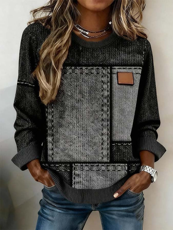 Winter Sweatshirt Damen Patchwork Grau Oversize Cozy Warm