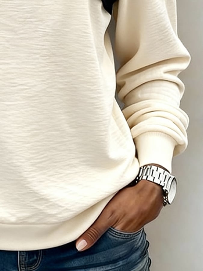 Winter Off-Shoulder Sweatshirt Colorblock Schwarz Creme Damen