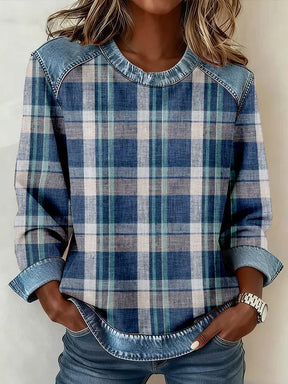 Winter Denim Patchwork Pullover Damen – warm & stylisch