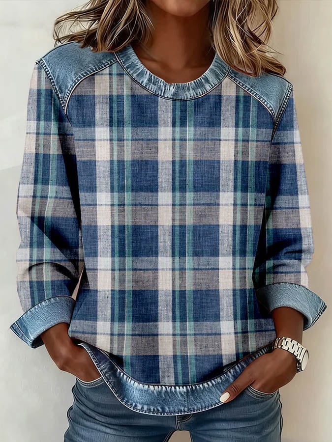 Winter Denim Patchwork Pullover Damen – warm & stylisch