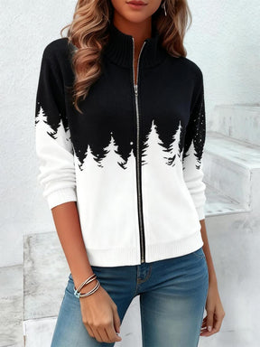Winterliche Zip-Up Jacke mit schwarz-weißem Tannendruck - Stilvoll & Bequem