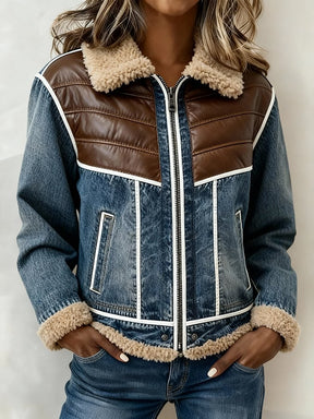 Damen Winter Patchwork Jacke mit Teddykragen warm casual