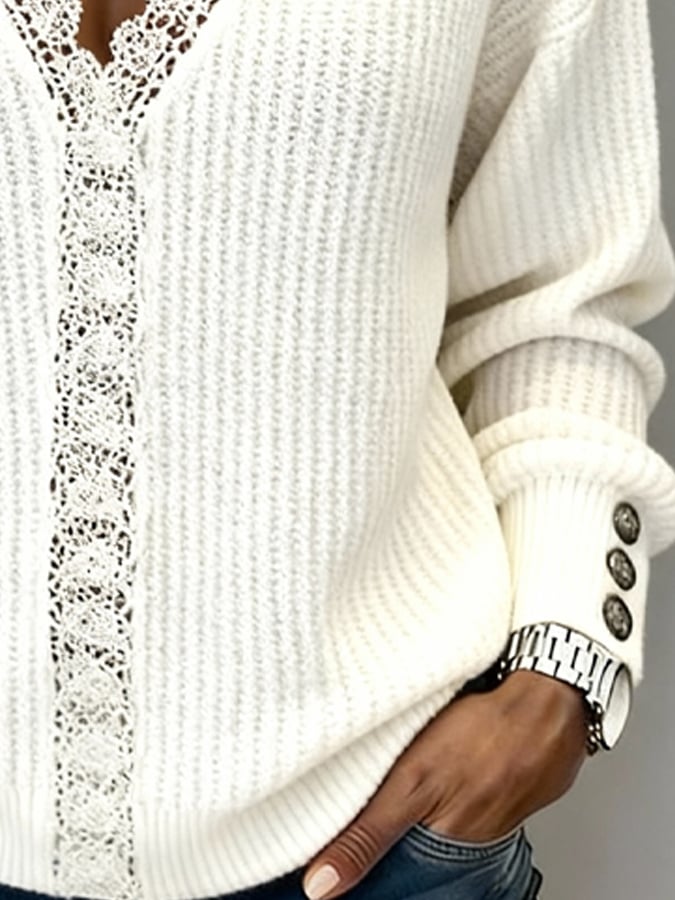 Winter Strickpullover Off-White mit Spitze V-Ausschnitt Damen