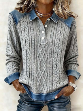 Damen Winter Pullover grau mit Denim Patchwork, warm casual