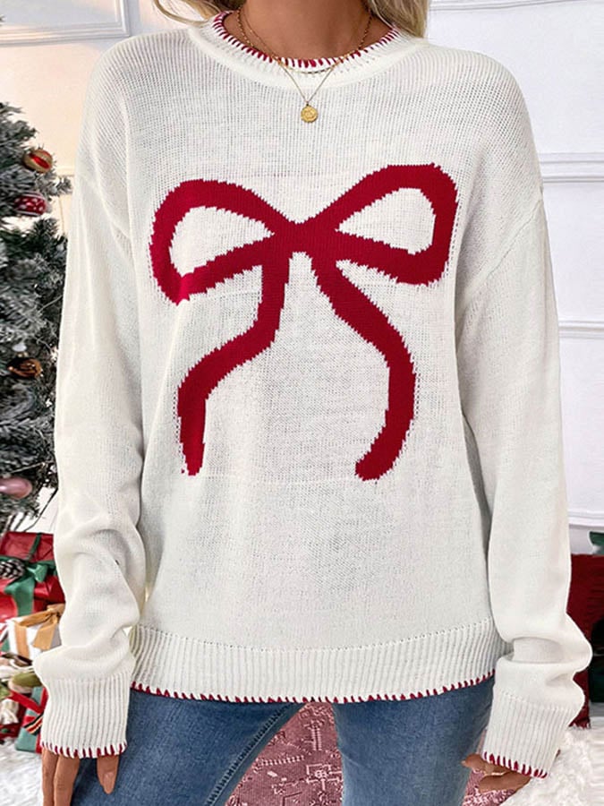 Winter Damen Pullover creme mit roter Schleife festlich warm