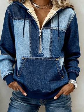 Kuscheliges Winter Damen Sweatshirt mit Teddyfutter Denim-Look