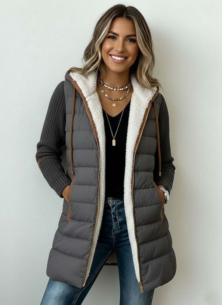 Winter Damen Steppjacke lang mit Fleecefutter und Kapuze