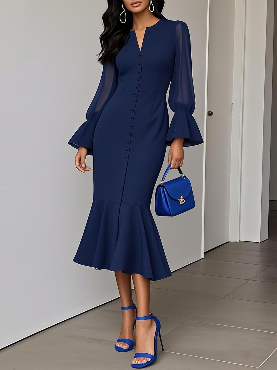 Blau V-Ausschnitt Midi-Kleid - Herbstsfrische Eleganz für jeden Anlass