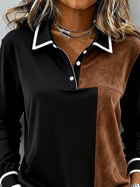 Damen Winter Colorblock Bluse Schwarz Karamell langarm warm