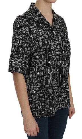 Dolce & Gabbana Schwarzes Seidentop mit Musikinstrumentenaufdruck