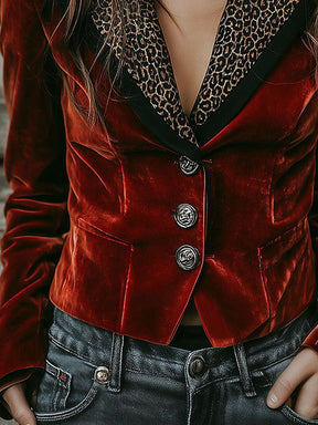 Herbstlicher Samt-Blazer in Burgunderrot mit Leopardenmuster - Luxus pur!