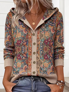 Herbstlicher Boho-Hoodie Cardigan mit Vibrant Floral Print - Kuscheliger Chic