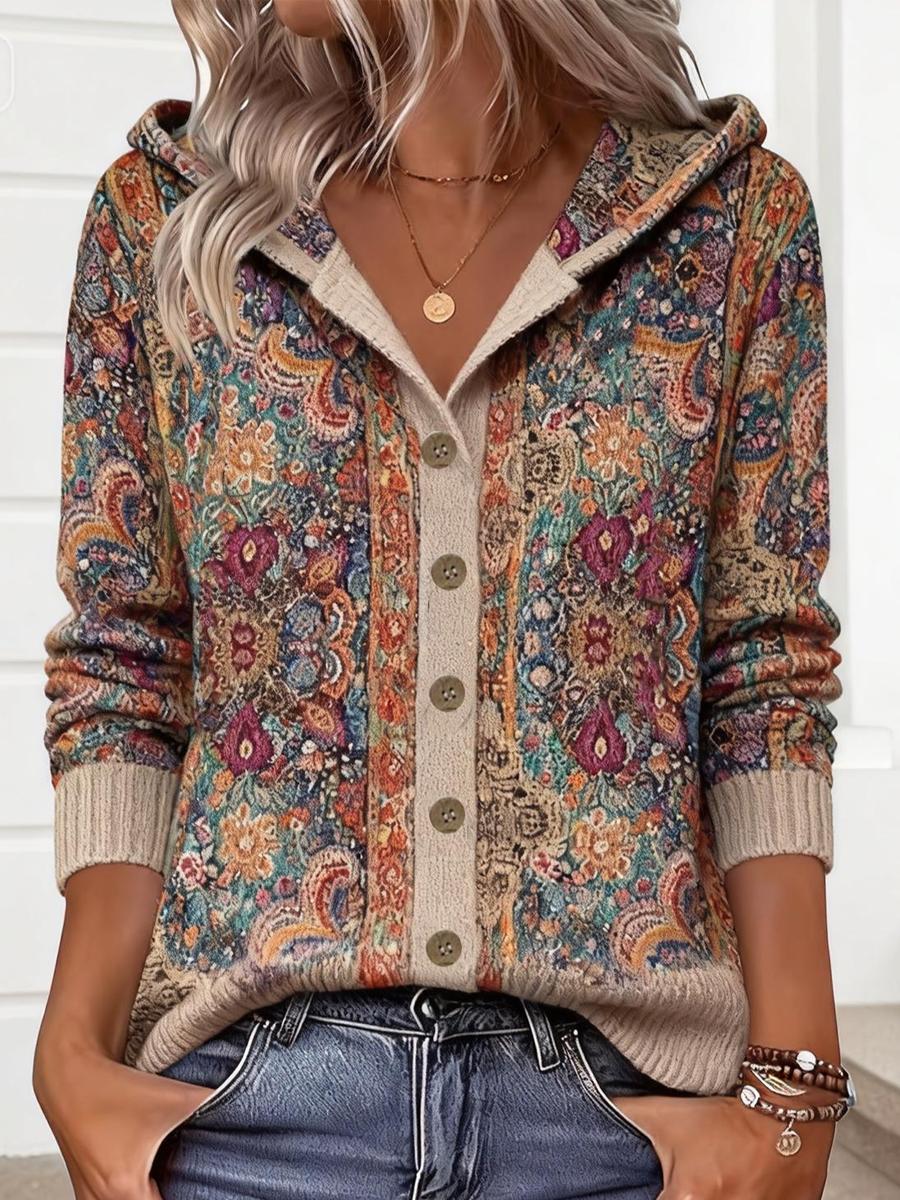 Boho Hoodie Cardigan Winter warm mit floralem Print