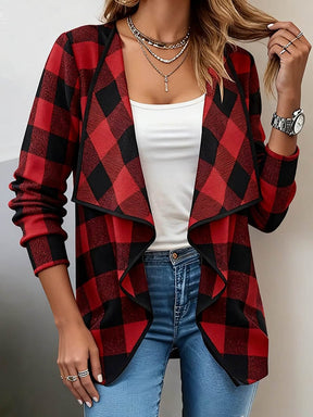 Damen Winter Karocardigan Rot Schwarz mit Waterfall-Front