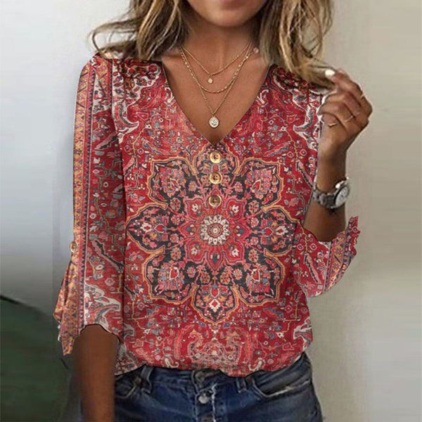 Rotes Winter V-Neck Top mit Mandala Print, 3/4 Ärmel