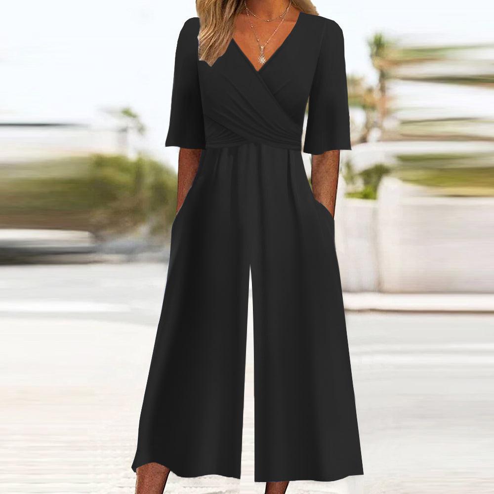 Stilvoller Black Plain Half Sleeve Jumpsuit - Ihr Herbstserwachen mit Komfort
