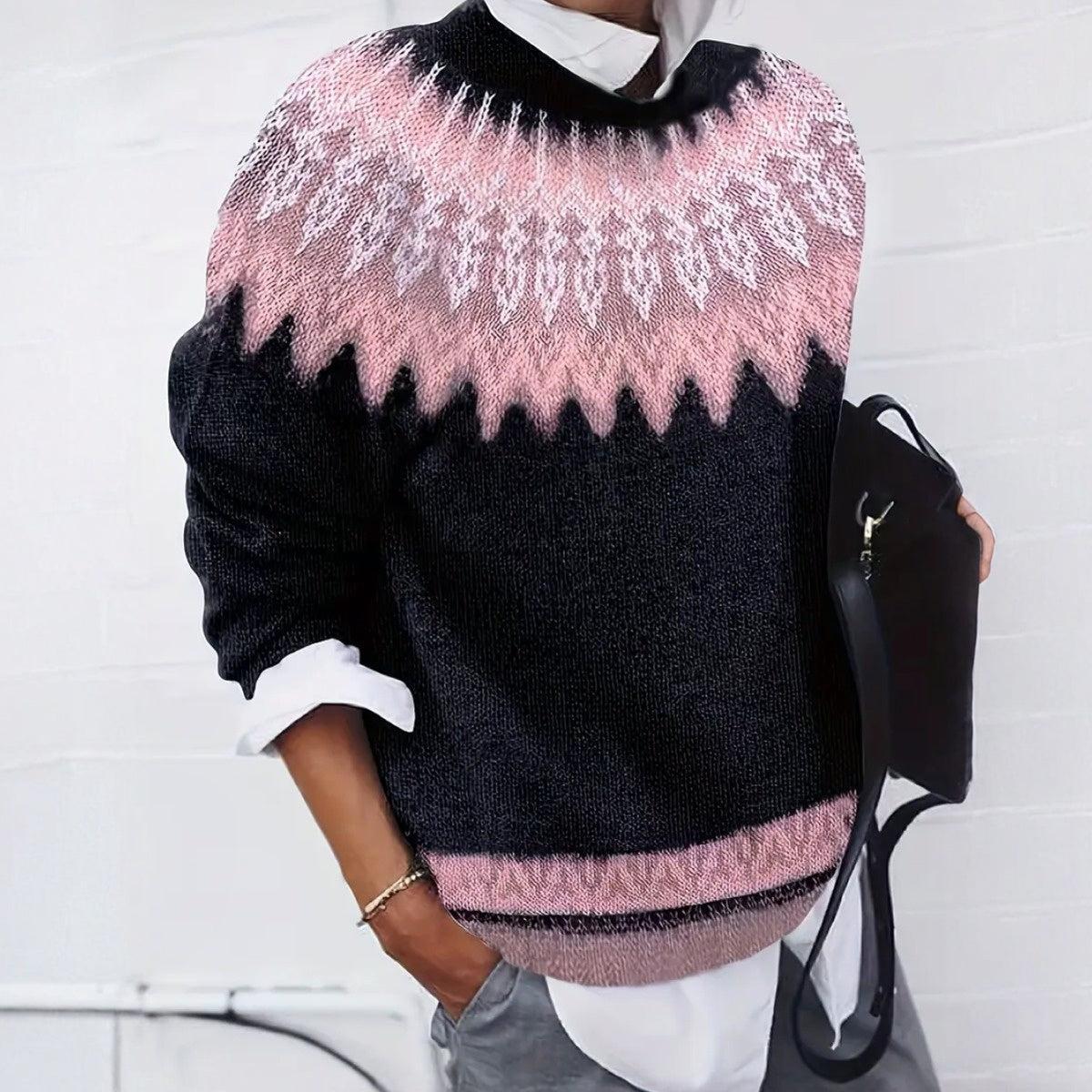 Komfortabler Pink Geometric Round Neck Sweater - Herbststrend mit Stil
