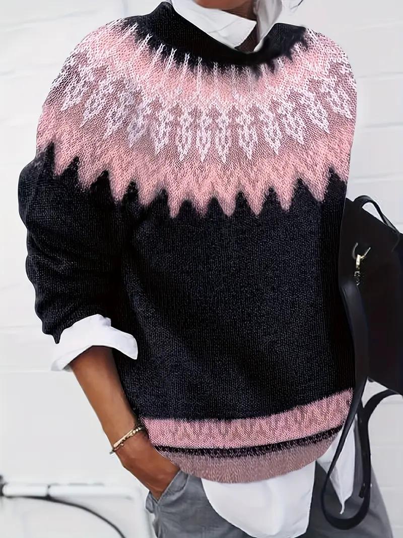 Komfortabler Pink Geometric Round Neck Sweater - Herbststrend mit Stil