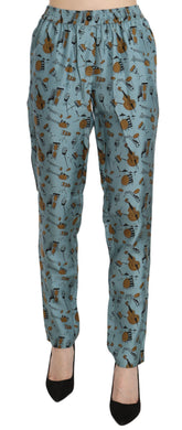 Dolce & Gabbana Blaue Tapered Pants mit Musikinstrumenten-Aufdruck