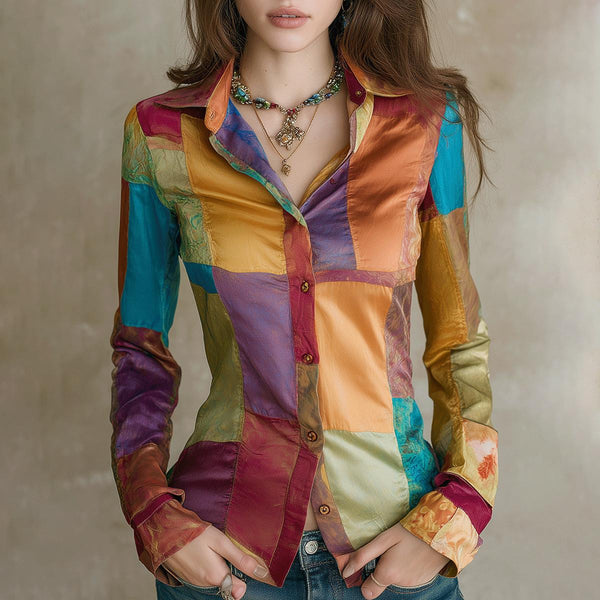 Buntes Satin Hemd Winterbluse geometrisch figurbetont Damen