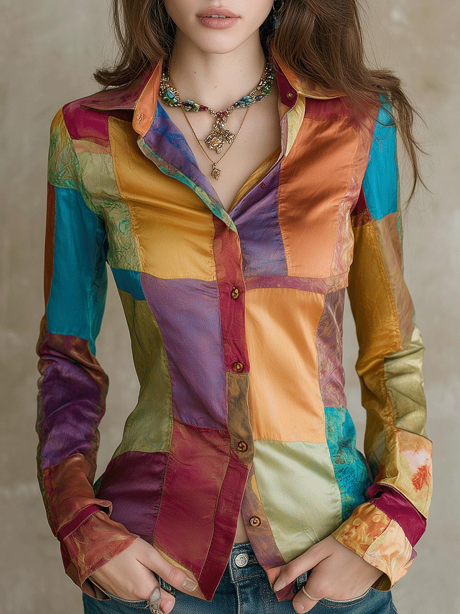 Buntes Satin Hemd Winterbluse geometrisch figurbetont Damen