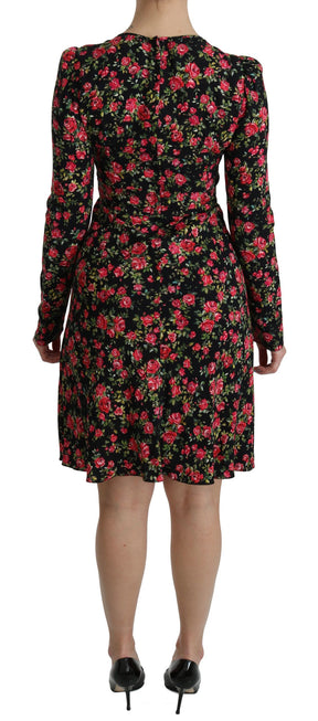 Dolce & Gabbana Schwarzes geblümtes langärmeliges, knielanges Kleid