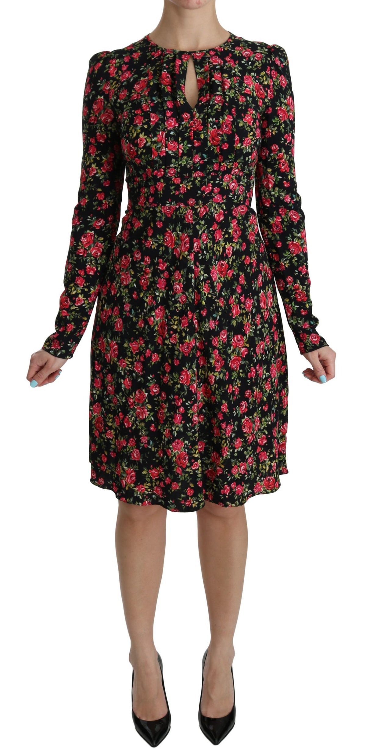 Dolce & Gabbana Schwarzes geblümtes langärmeliges, knielanges Kleid
