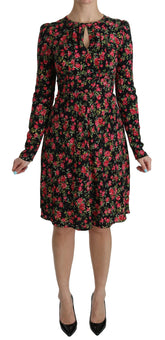 Dolce & Gabbana Schwarzes geblümtes langärmeliges, knielanges Kleid