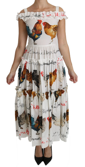 Dolce & Gabbana Weißer Hahn Etuikleid Midi aus Baumwolle