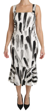 Dolce & Gabbana Weißes, schwarzes, bedrucktes Midi-Kleid aus Viskose